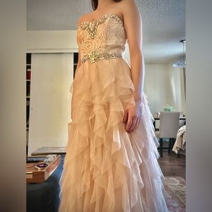 Unique Cream Floor Length Jeweled Toole Dress for Prom, Homecoming, Formal